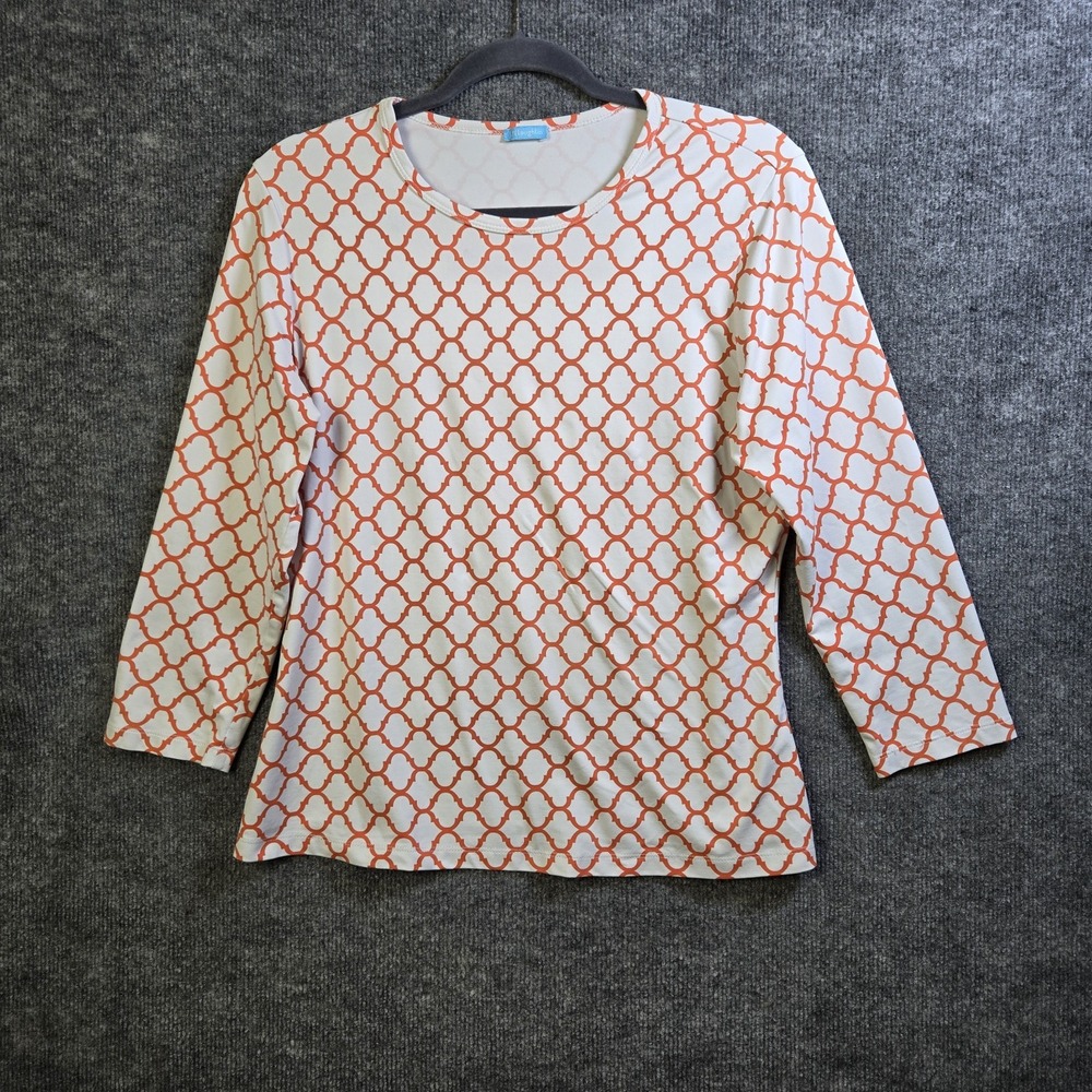 J McLaughlin T Shirt Womens L Orange Tile Print Catalina Cloth Crew Neck